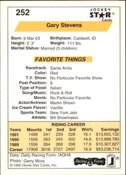 1992 Jockey Star #252 Gary Stevens Back